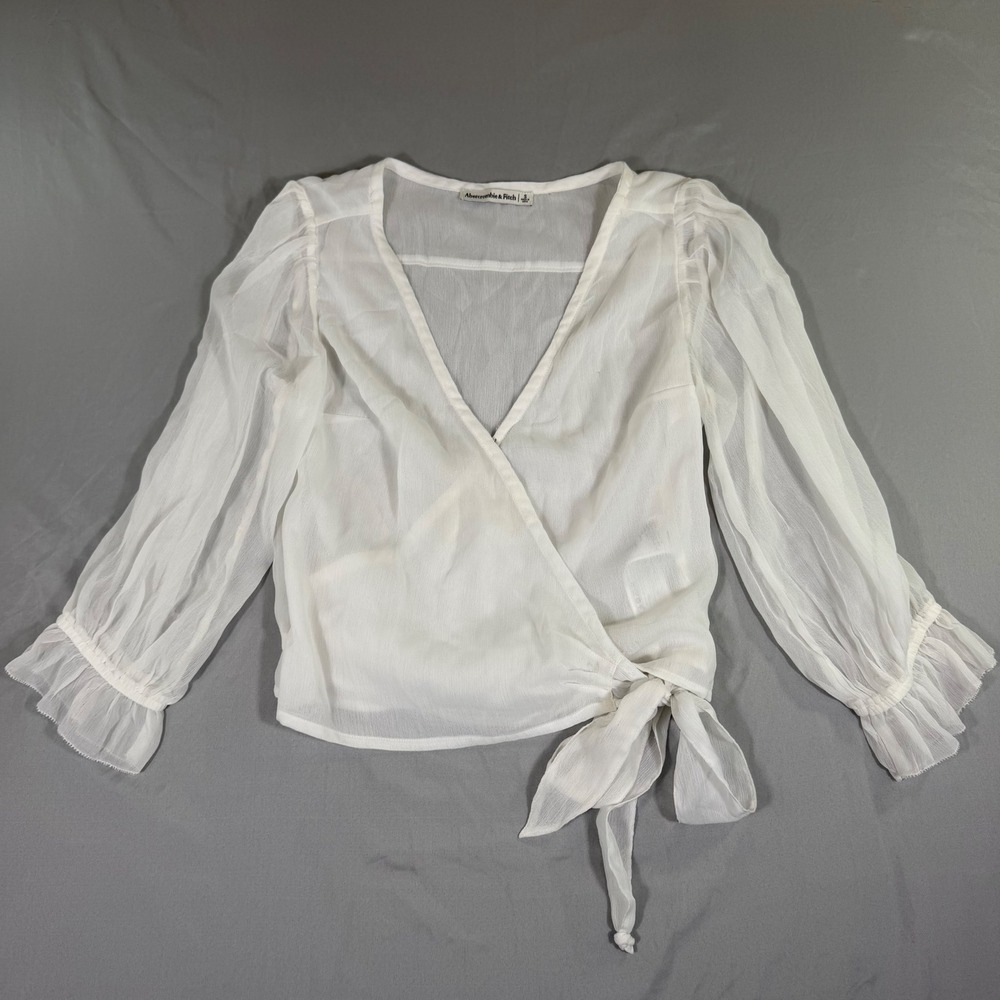 Abercrombie & Fitch White Chiffon Wrap Blouse Ruffle Cuff S Coquette Balletcore